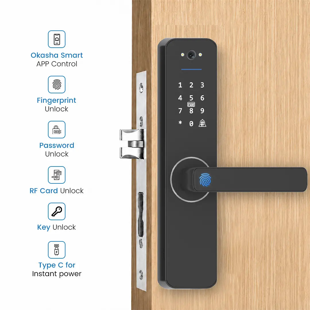 Okasha Smart Matt Door Lock with HD video doorbell, fingerprint access, app control, 120-degree camera, two-way communication, remote monitoring, and emergency Type-C power backup.