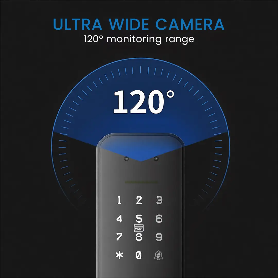 Okasha Smart Matt Door Lock featuring a 120-degree ultra-wide HD camera for enhanced visitor monitoring and smart home security.