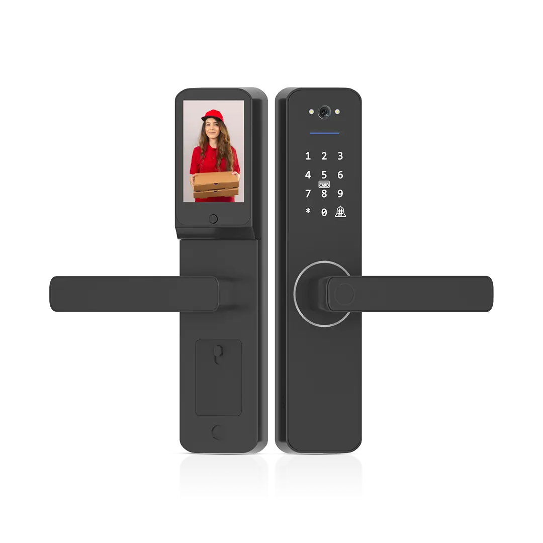 Okasha Smart Matt Door Lock with built-in HD video doorbell, fingerprint unlock, keypad access, and smart app control for modern home security.