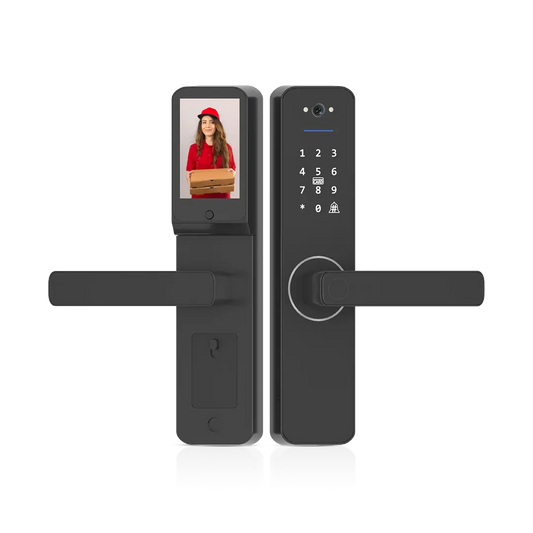 Okasha Smart Matt Door Lock with built-in HD video doorbell, fingerprint unlock, keypad access, and smart app control for modern home security.