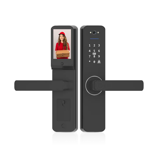 Okasha Smart Matt Door Lock with built-in HD video doorbell, fingerprint unlock, keypad access, and smart app control for modern home security.