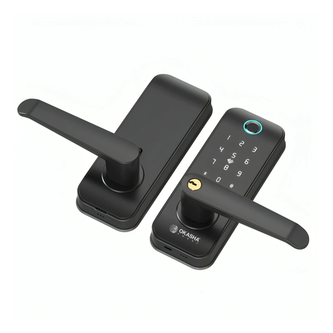 Okasha smart door lock front and back angled view with fingerprint keypad and modern handle design for home security in Pakistan