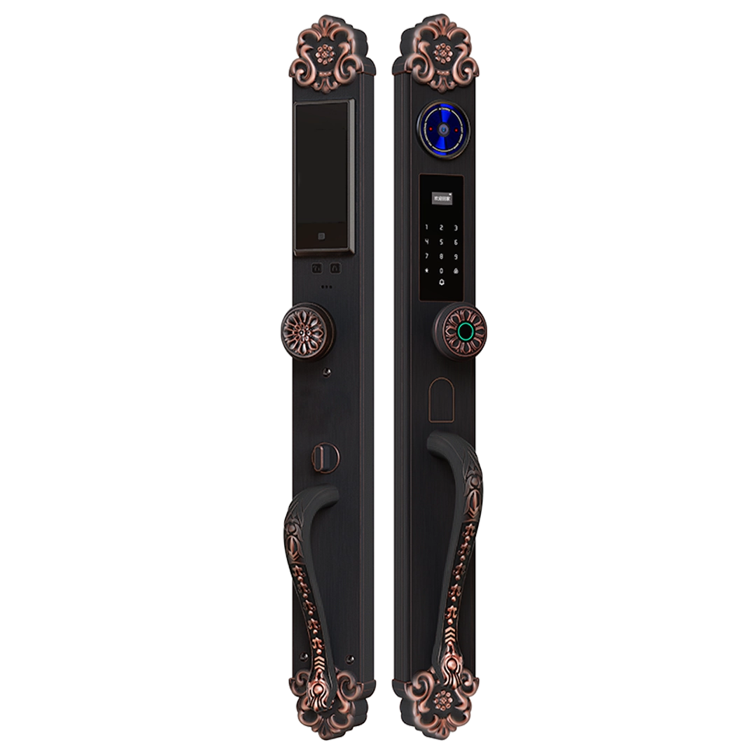 Front and back view of luxury vintage smart door lock with palm vein recognition, fingerprint unlock and HD display by Okasha Smart Pakistan