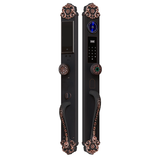 Front and back view of luxury vintage smart door lock with palm vein recognition, fingerprint unlock and HD display by Okasha Smart Pakistan