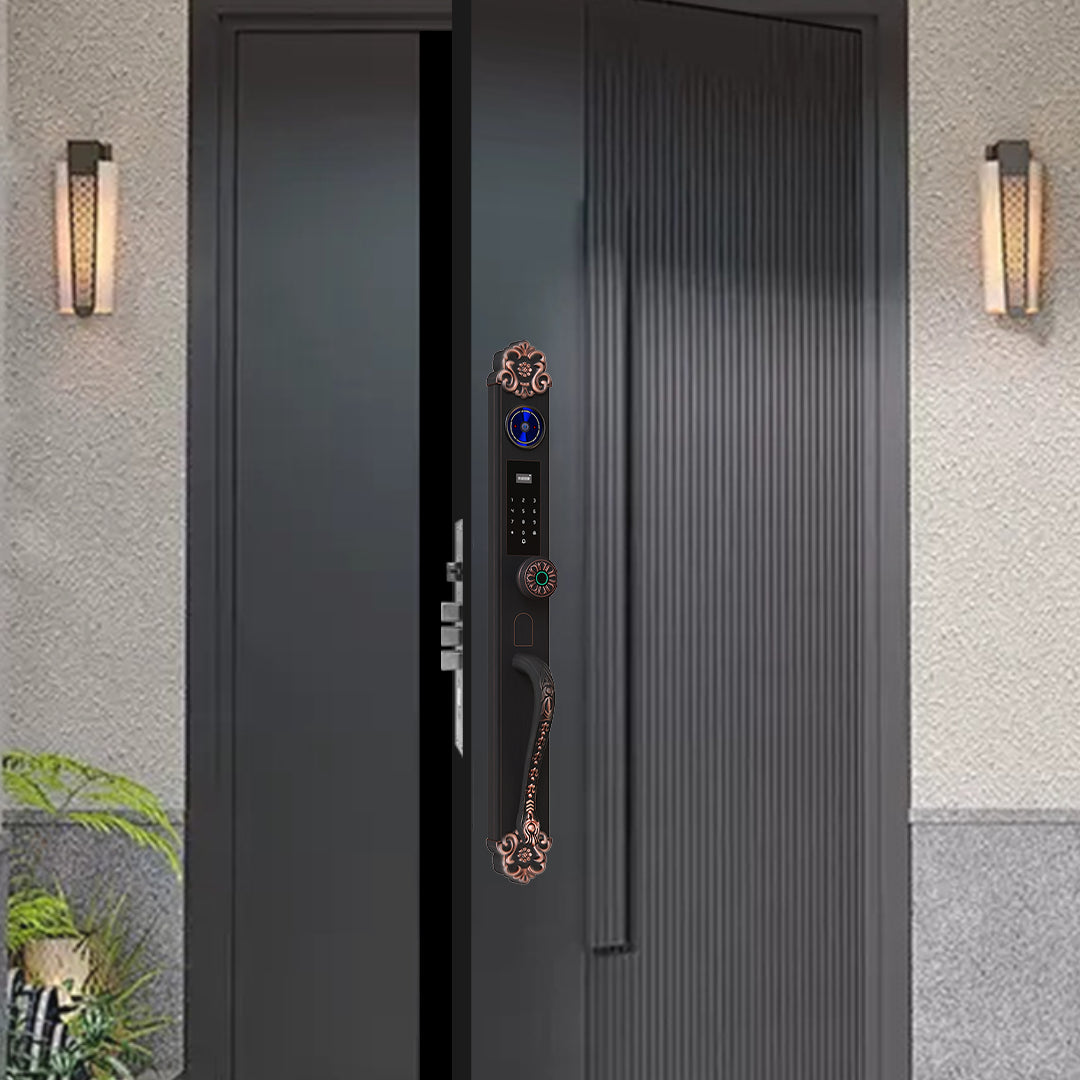 Luxury vintage smart door lock installed on modern entrance door with palm vein recognition, fingerprint scanner and digital keypad