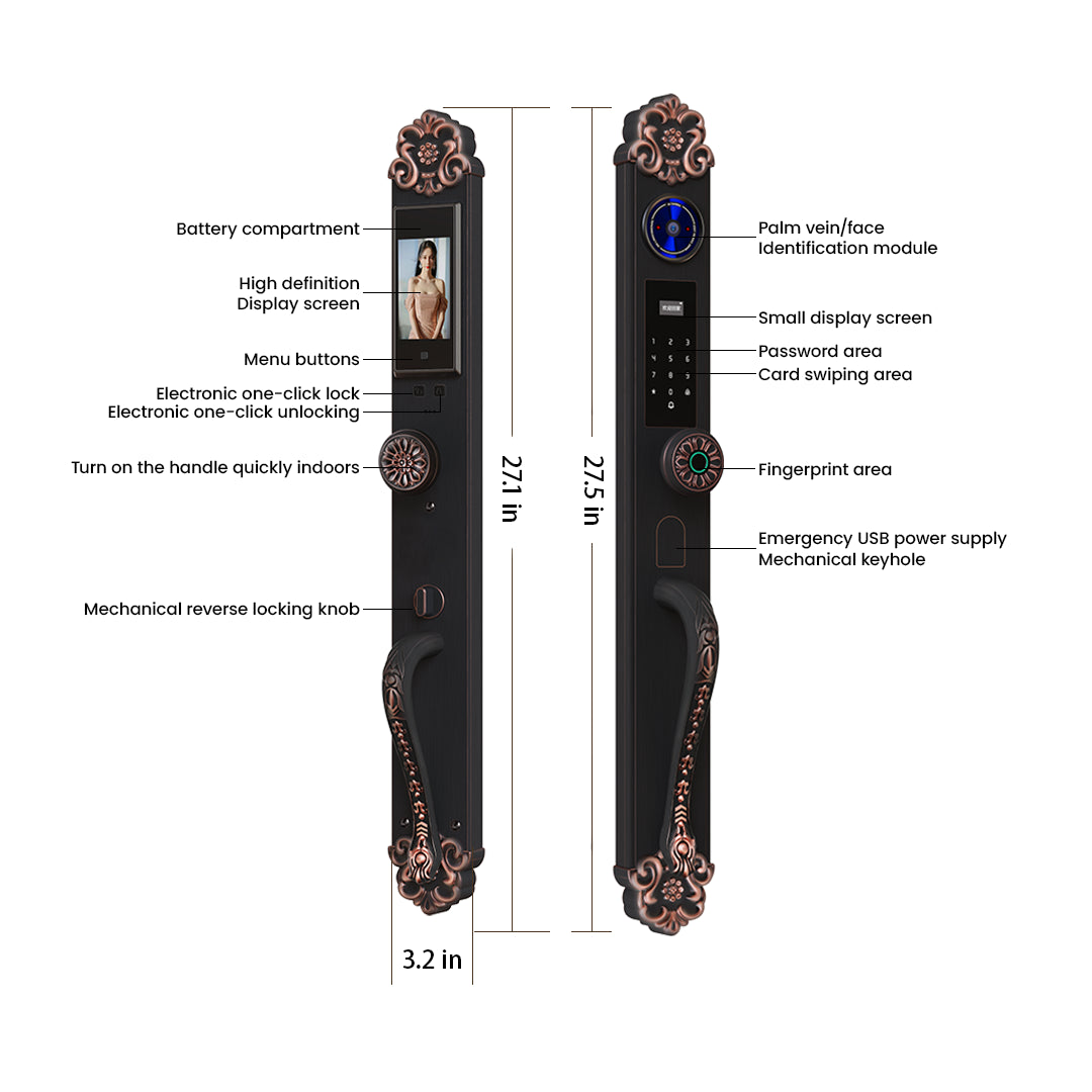 Vintage smart door lock dimensions and feature layout showing palm vein recognition, face unlock, fingerprint access, HD display and emergency USB power