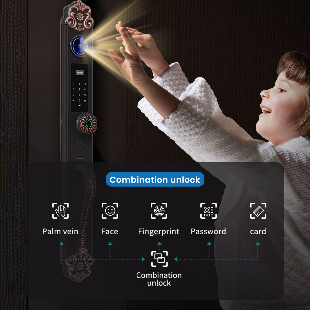 Luxury vintage smart door lock with palm vein, face recognition, fingerprint, password and card combination unlock system by Okasha Smart Pakistan