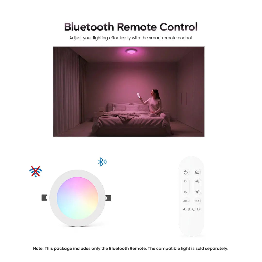 Bluetooth remote control used to adjust RGB ceiling light in a modern bedroom, demonstrating smart lighting control by Okasha Smart