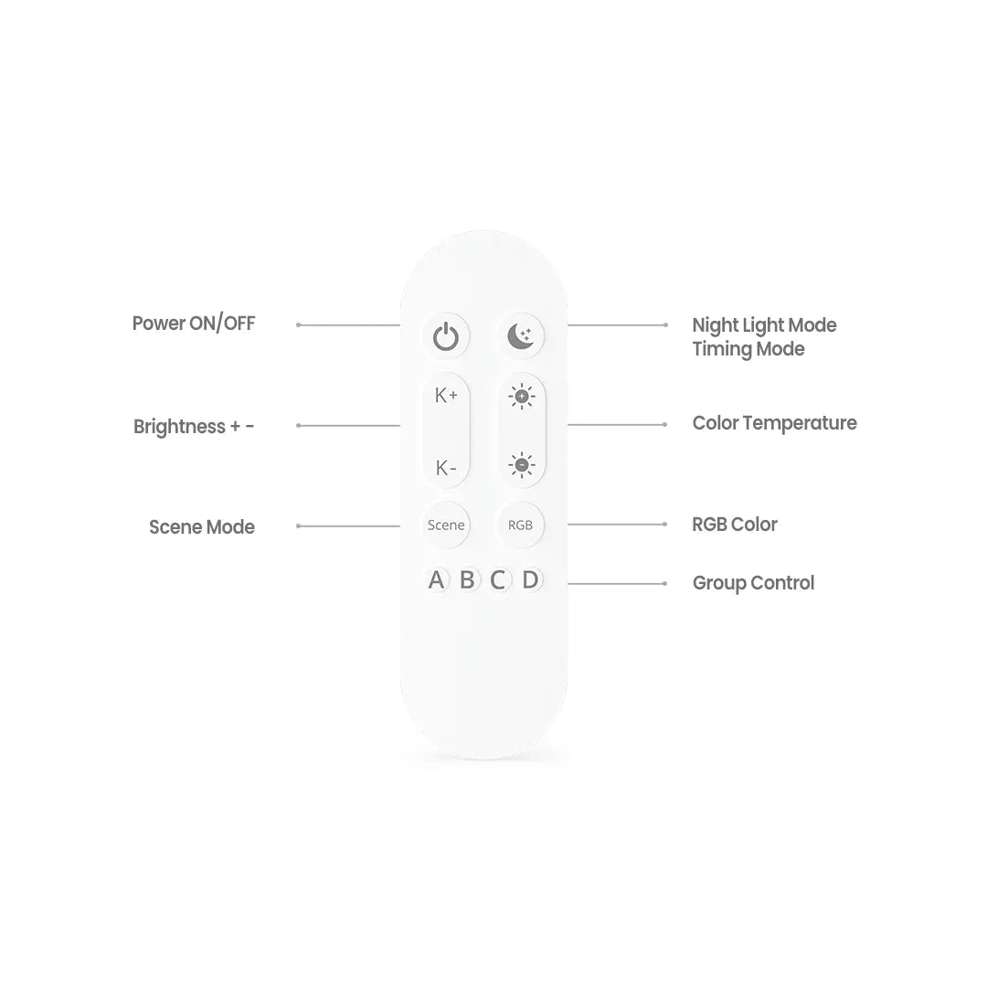 Bluetooth light remote control features showing power, brightness adjustment, color temperature, RGB mode, scene mode, timing, and group control for smart lighting in Pakistan