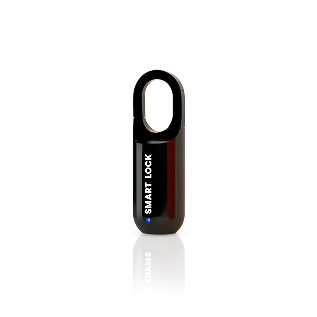 Black smart fingerprint padlock with biometric keyless unlocking and compact waterproof design for lockers, gates, and storage security