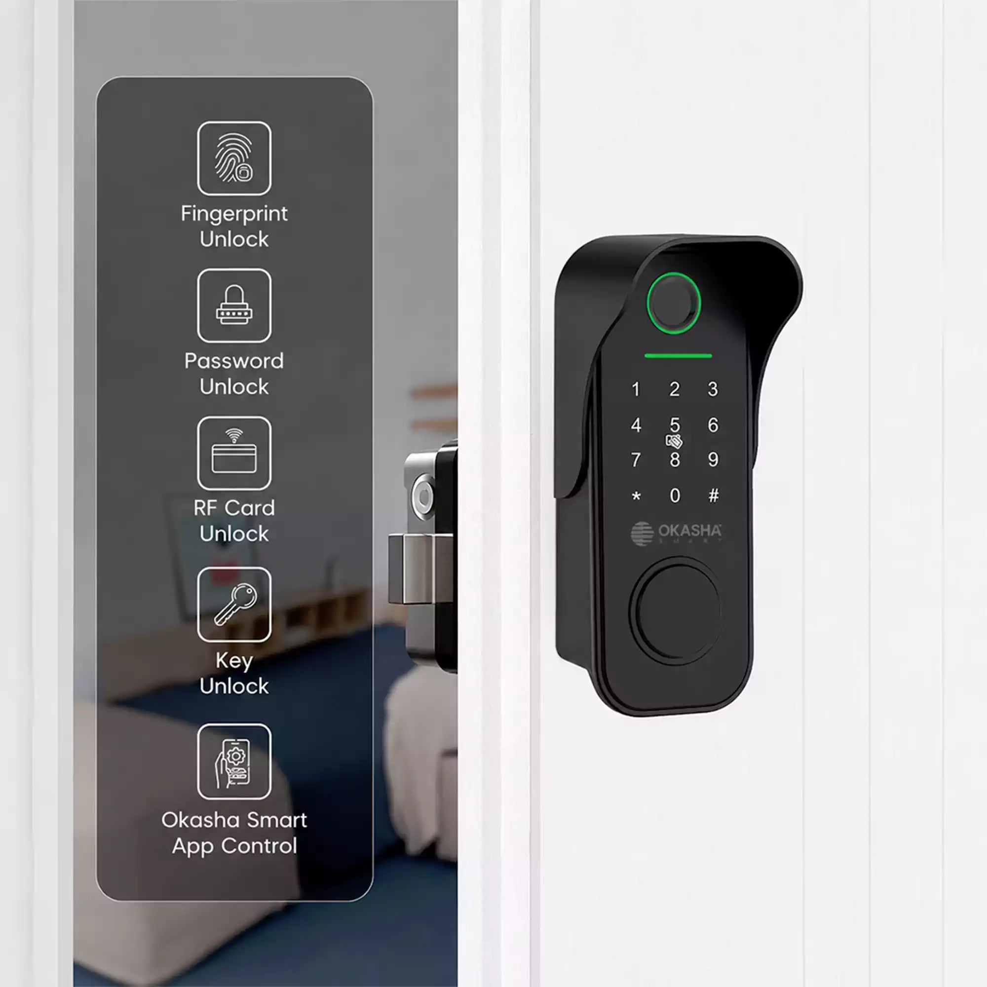 Smart main gate lock showing fingerprint unlock, password access, RF card unlock, mechanical key access, and mobile app control for modern smart entry security systems