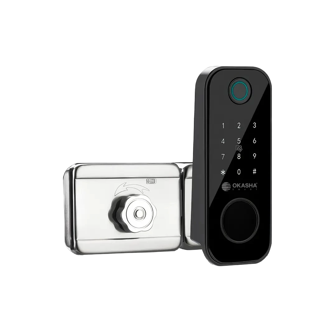 Front view of waterproof smart main gate lock with fingerprint scanner, touchscreen keypad, and biometric access control system for outdoor security doors
