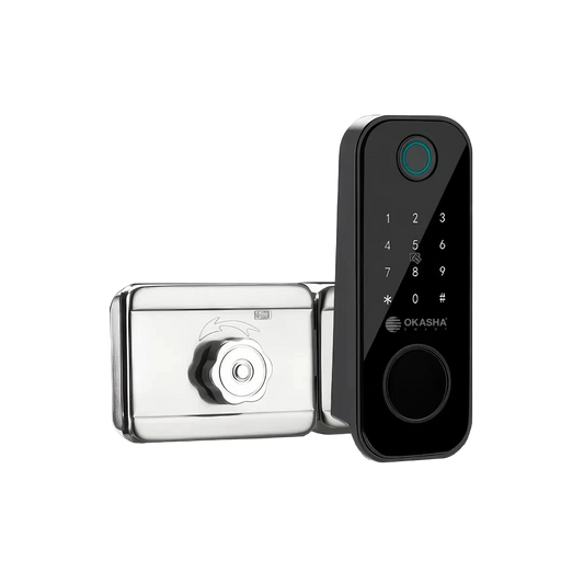 Front view of waterproof smart main gate lock with fingerprint scanner, touchscreen keypad, and biometric access control system for outdoor security doors