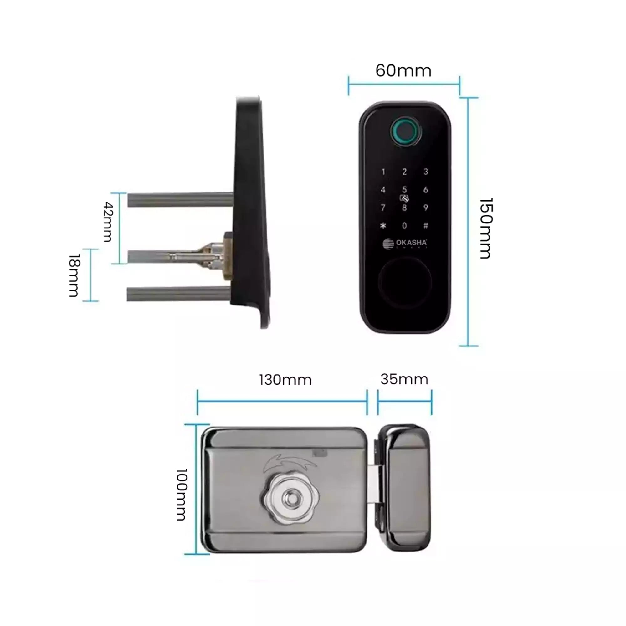 Dimension diagram of waterproof smart main gate lock showing biometric keypad lock measurements and outdoor gate lock body dimensions for installation compatibility